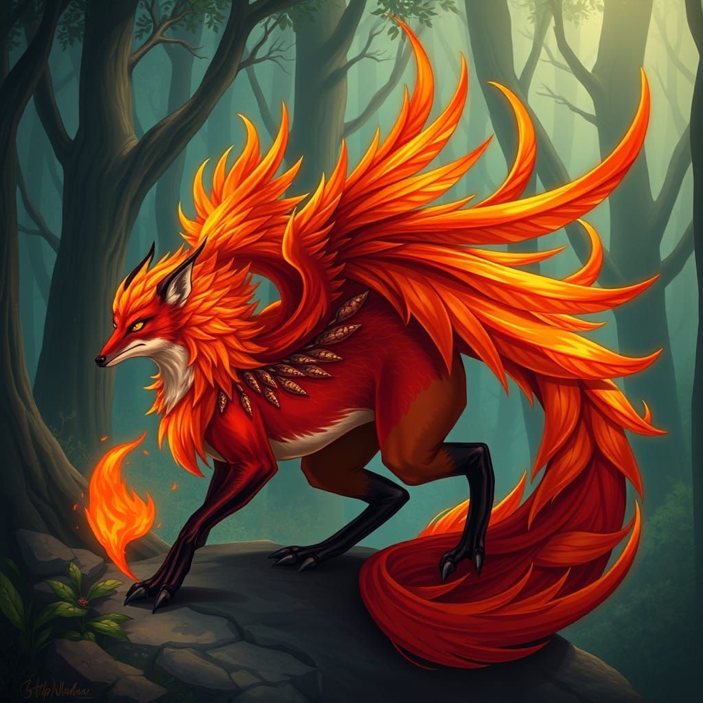 Mythical Firefox Phoenix Hybrid in Mystical Forest