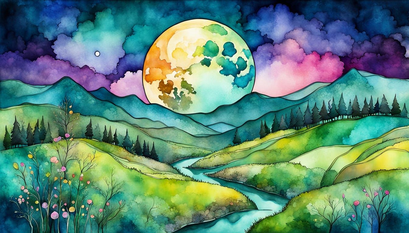 Pastel Full Moon Over Valley in Watercolor Style