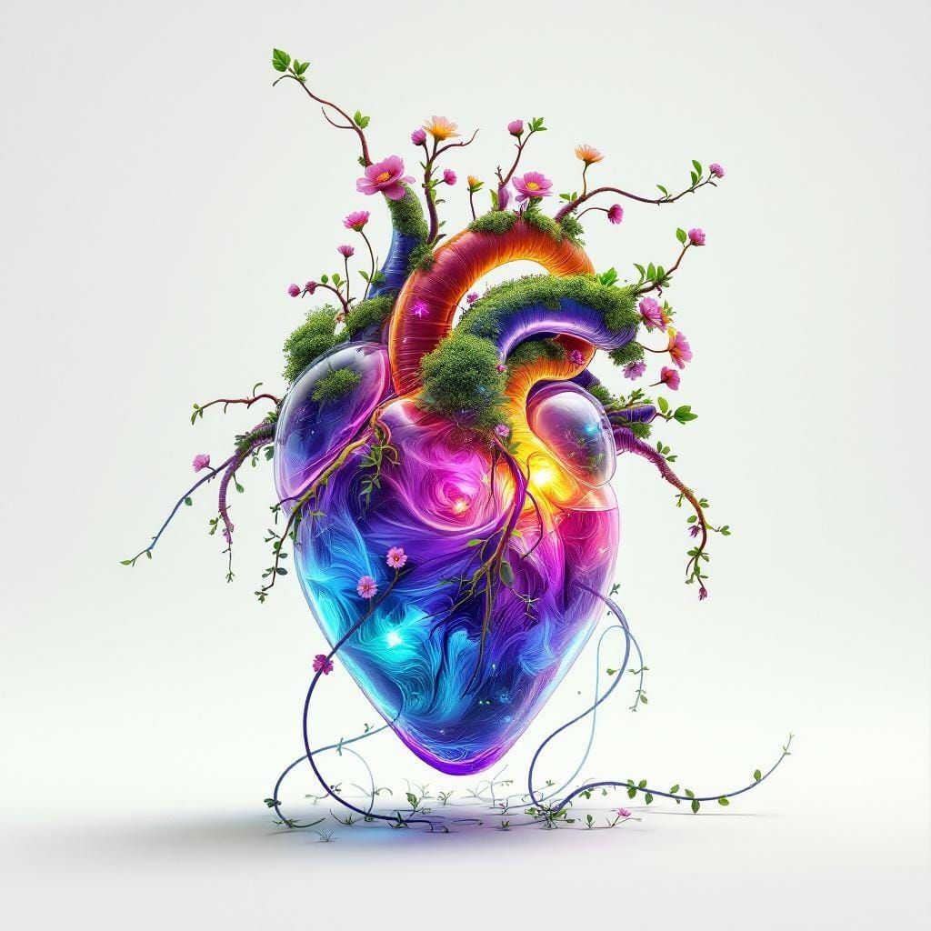 Glass Heart with Swirling Chemicals and Moss