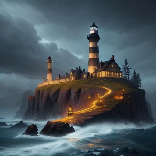 Lighthouse in Stormy Forest: Detailed Matte Painting