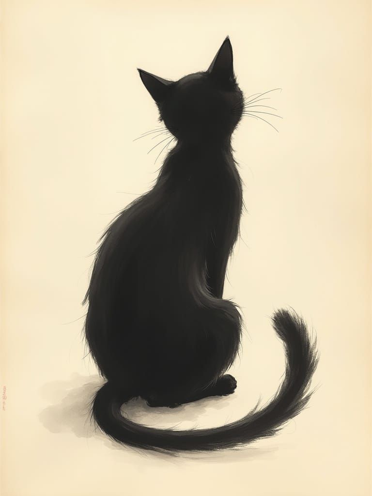 Sumi-e Ink Drawing of a Sitting Cat
