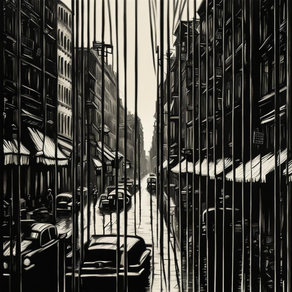 City Street View Through Venetian Blinds