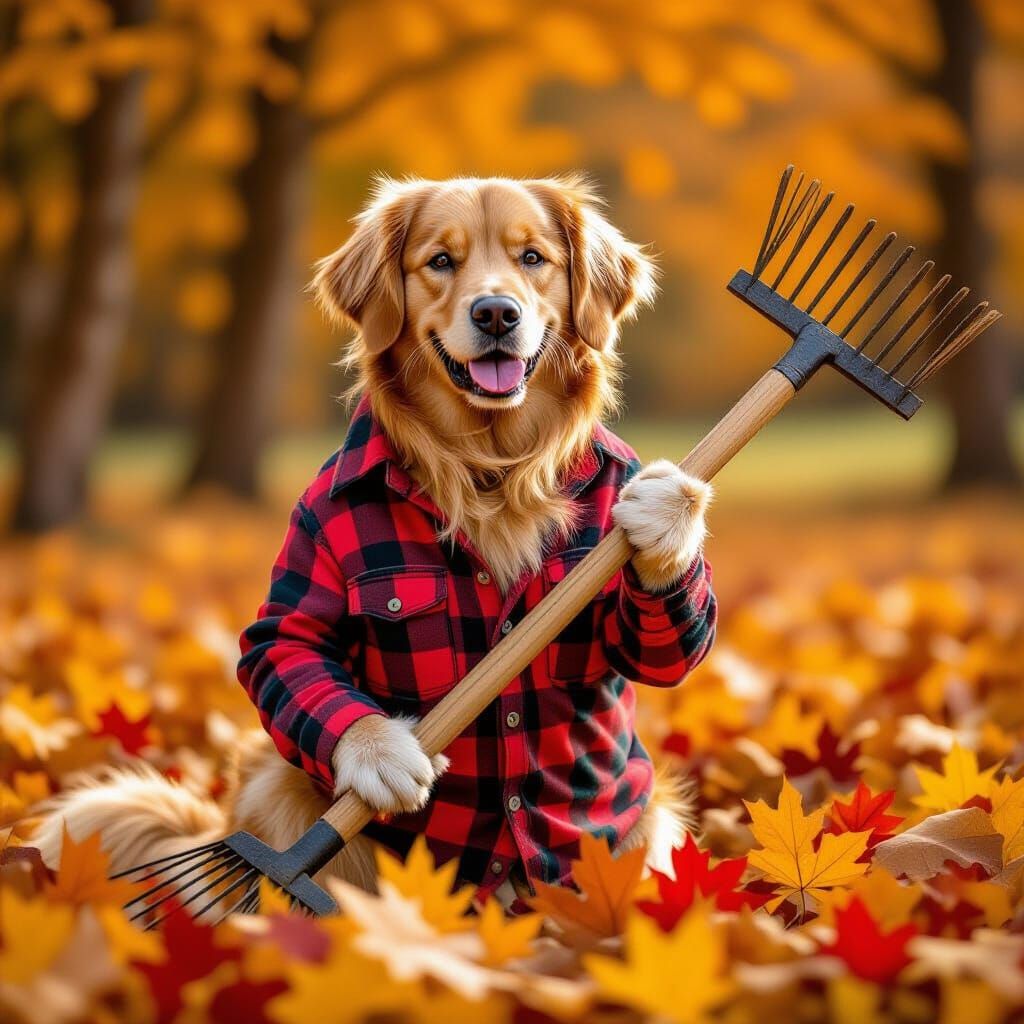 Golden Retriever Raking Autumn Leaves: Rural Painting