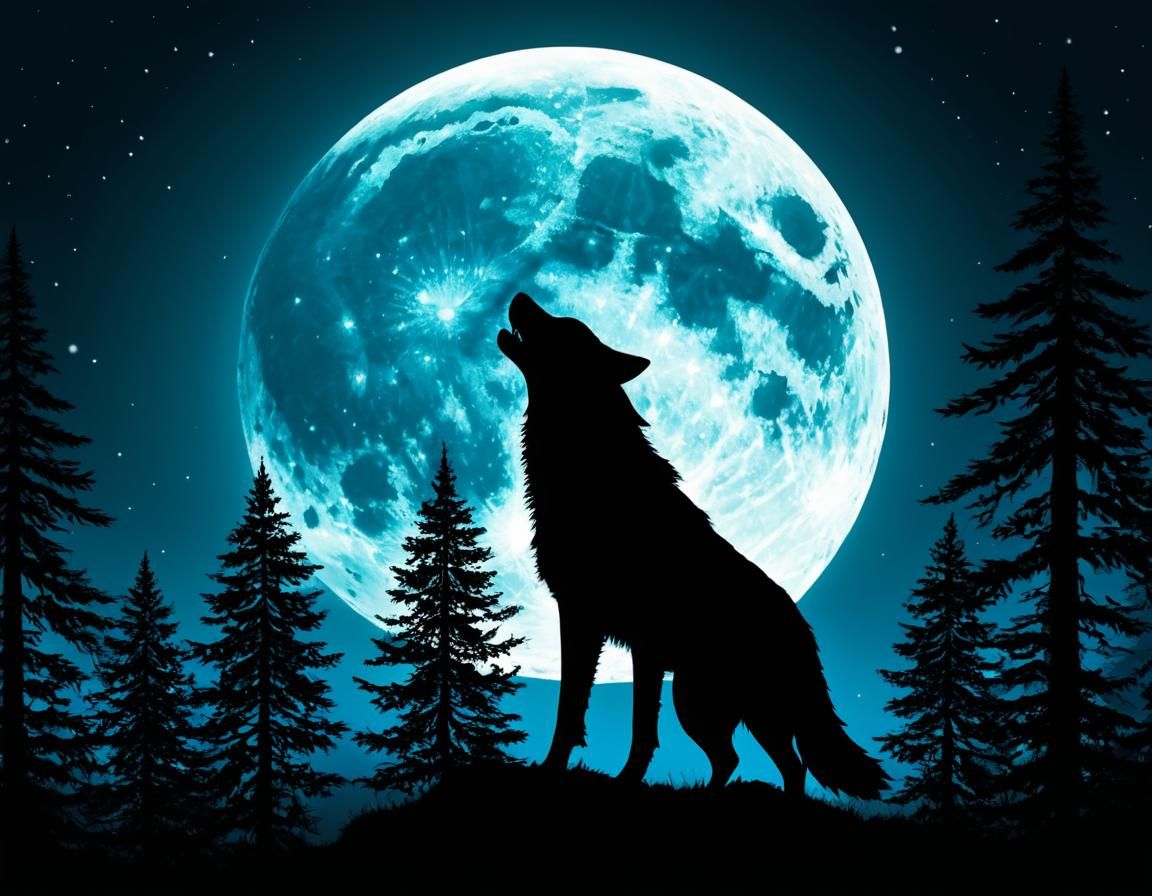 Wolf Howling at Moon in Forest Silhouette