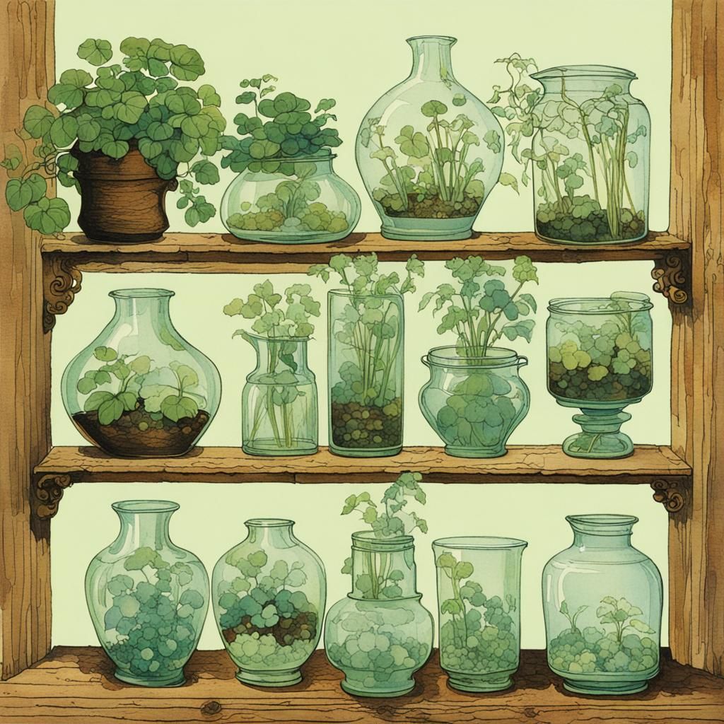 Glass Vases and Green Plants Illustration