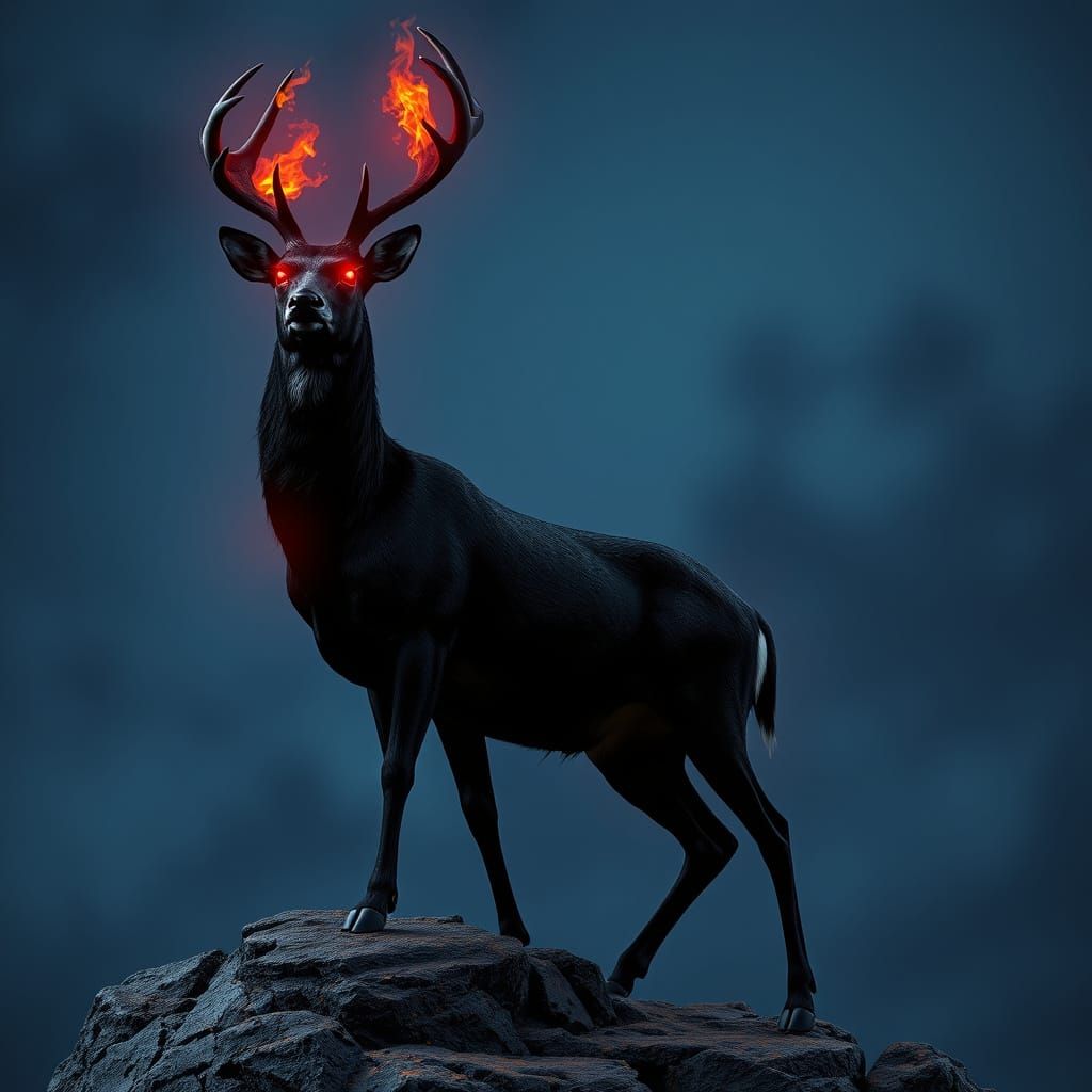 Fiery Demon Deer on Rocky Cliff
