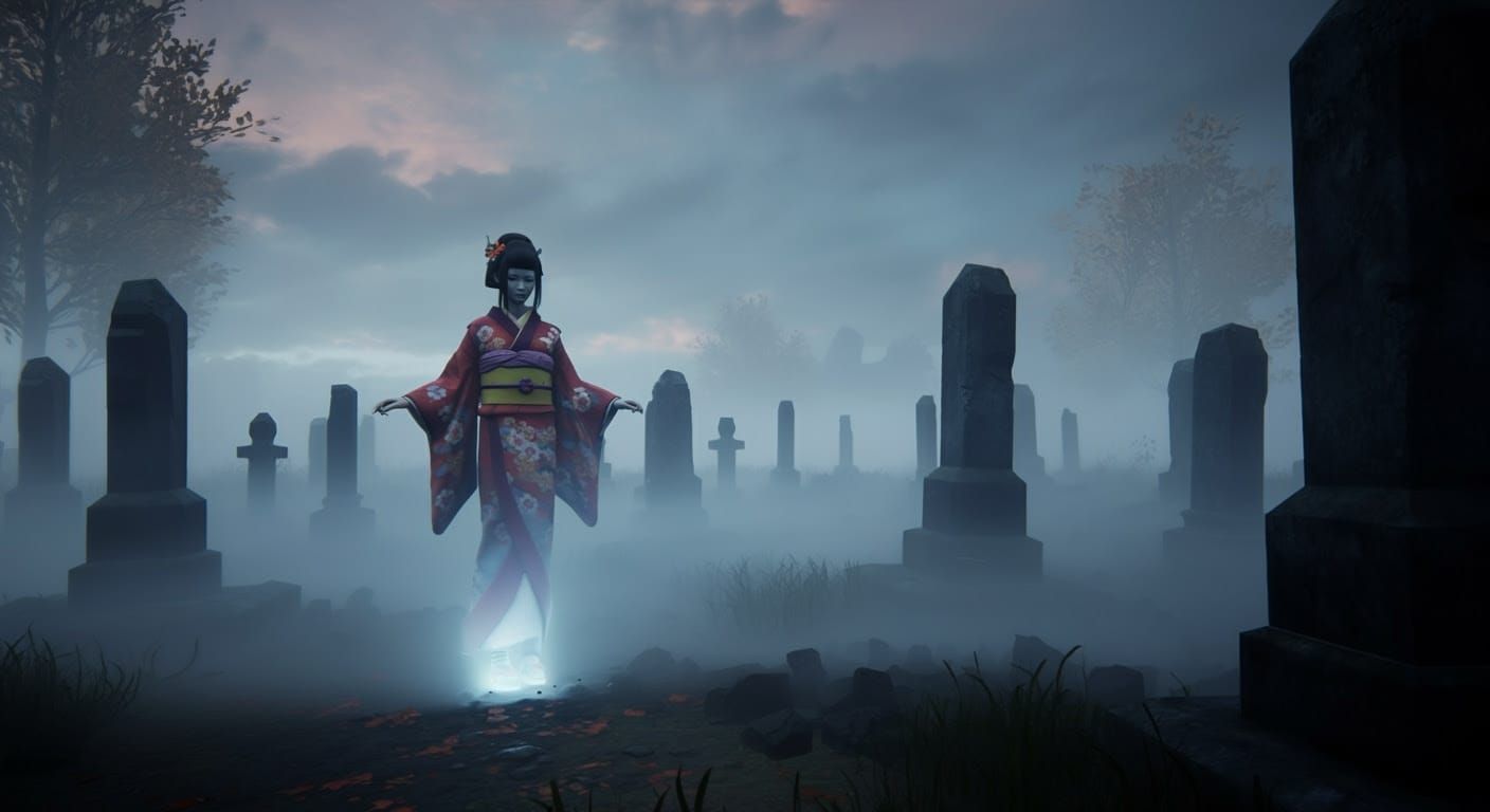 Kimono Ghost Drifting Through Misty Graveyard