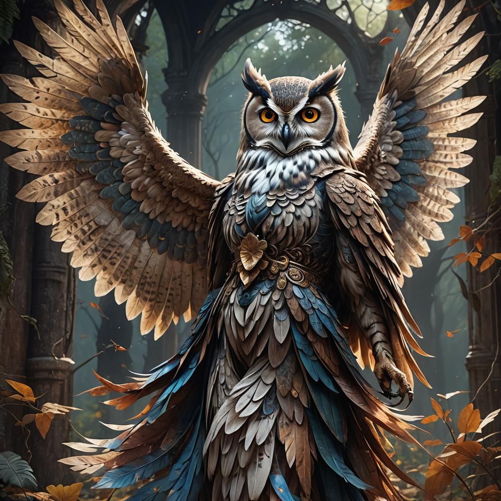 Beautiful Owl-Woman with Wings in Detailed Digital Painting