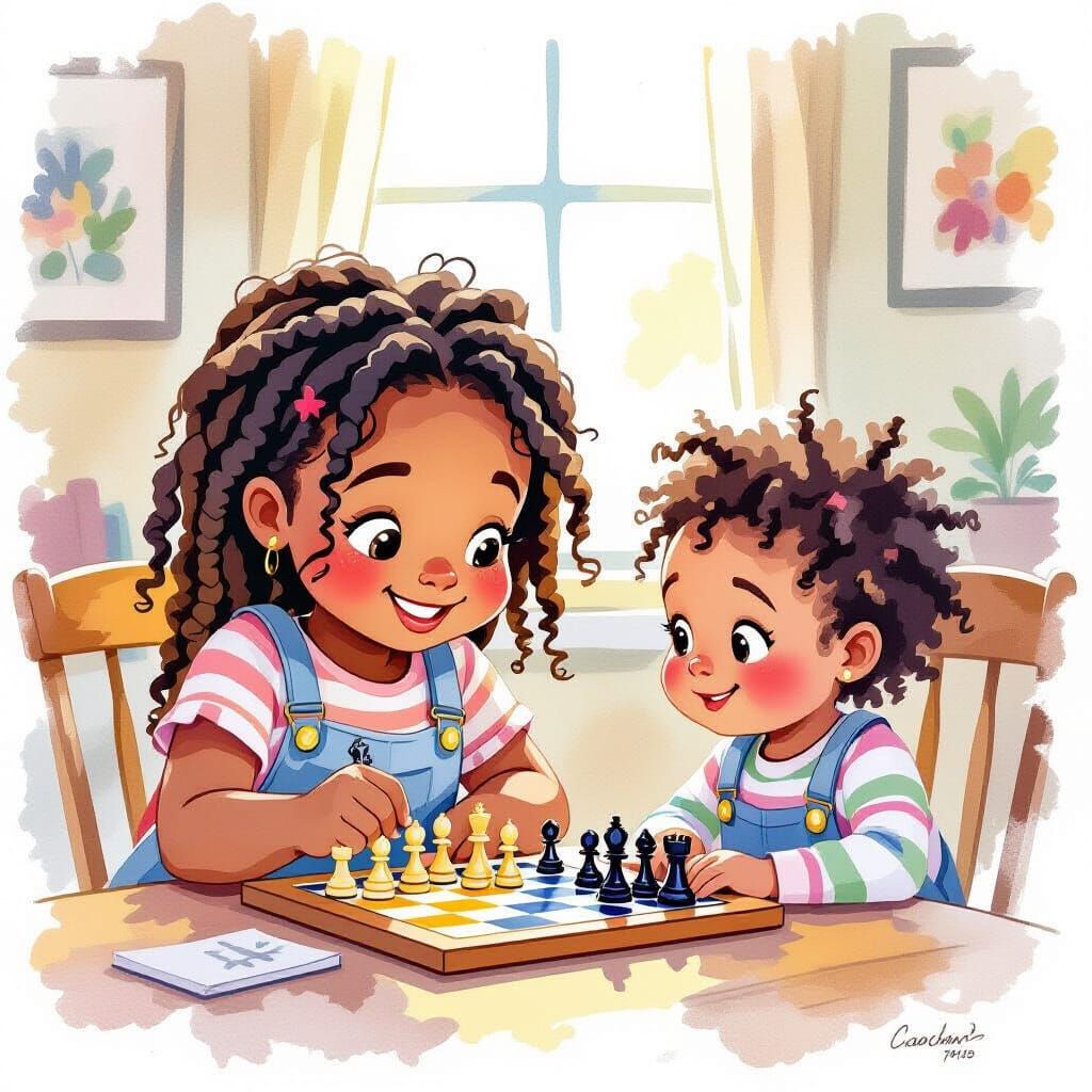African American Girl Plays Chess with Cousin in Den, Waterc...