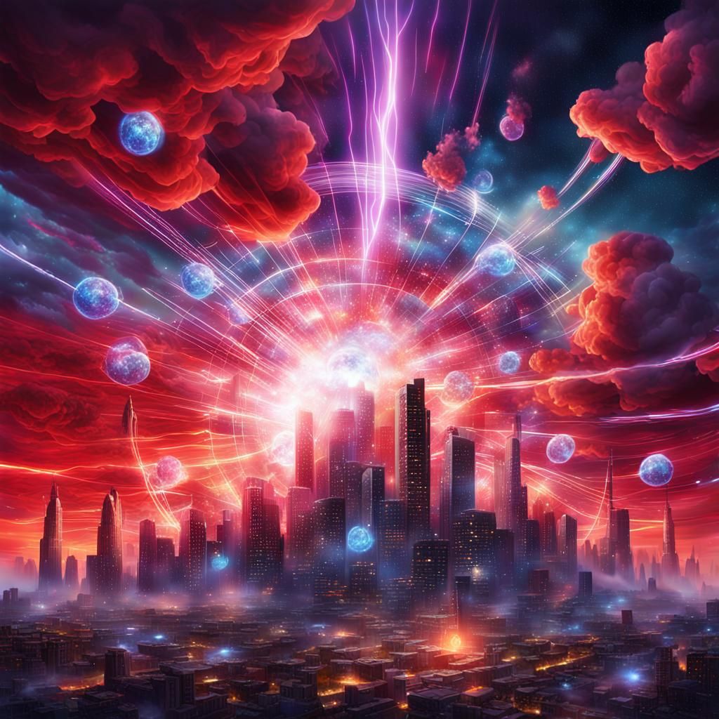 Pulsating Cosmic Cityscape in Vibrant Hues