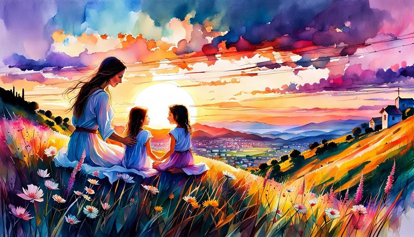 Jesus Teaches Mother and Daughter: Watercolor Illustration