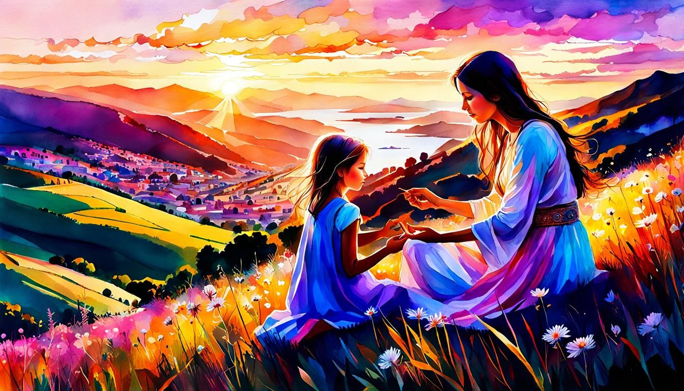 Jesus Teaching Mother and Daughter: Watercolor Illustration