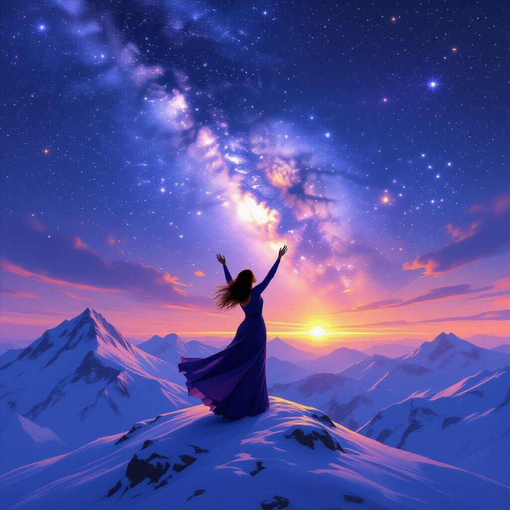 Supernatural Woman Channels Cosmic Energy at Sunset