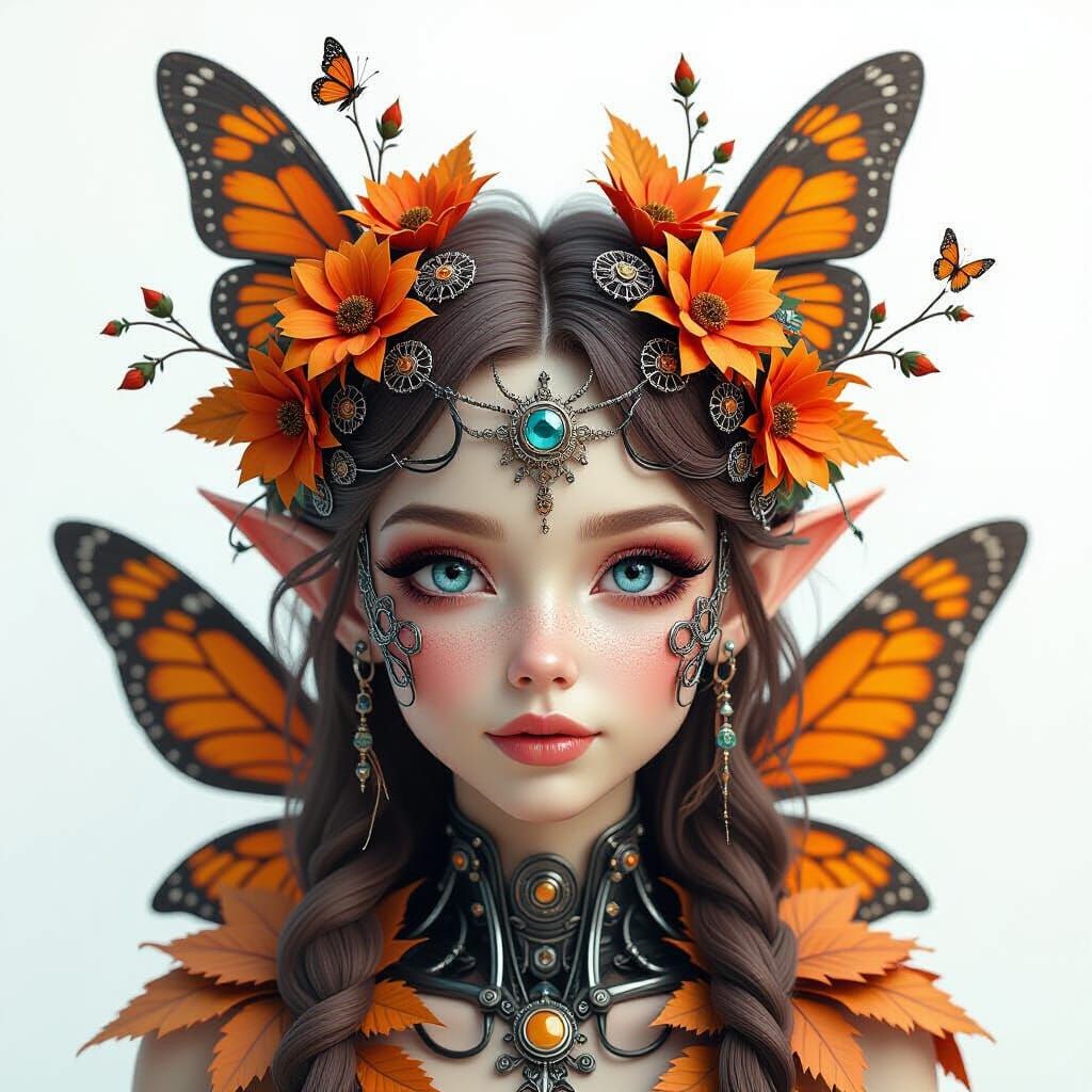 Whimsical Cyborg Fairy Portrait with Autumn Elements