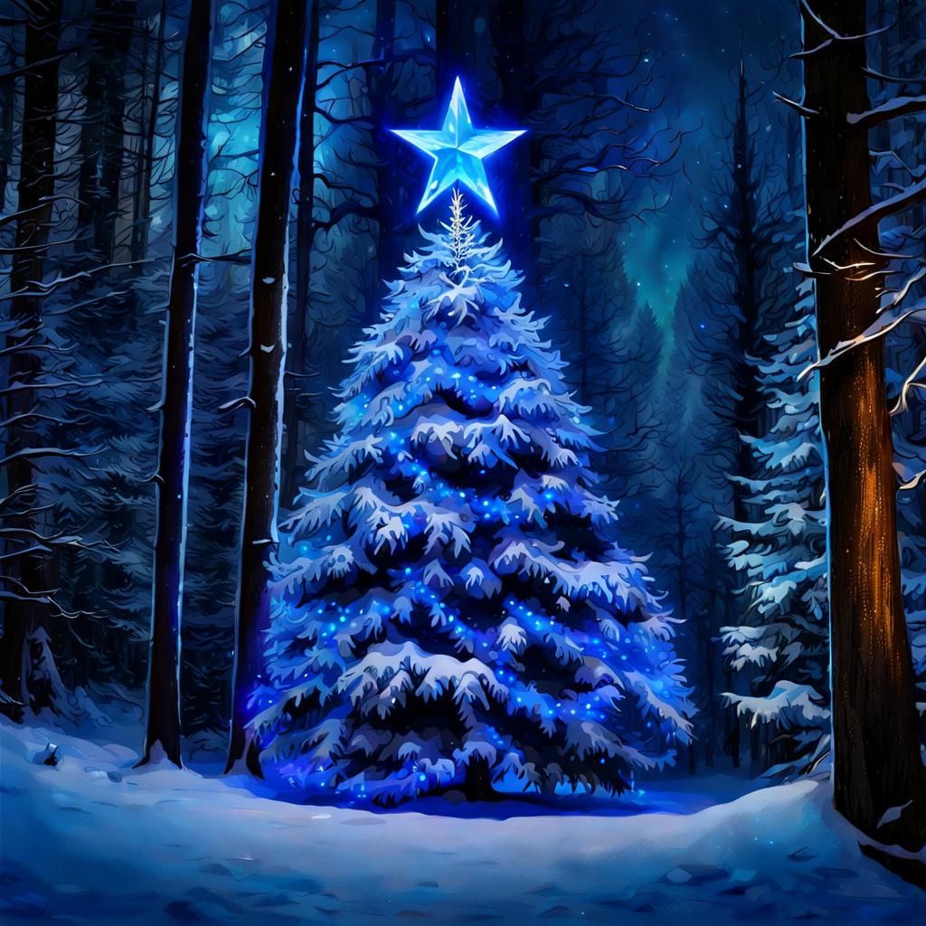 Glowing Blue Christmas Tree in Snowy Forest