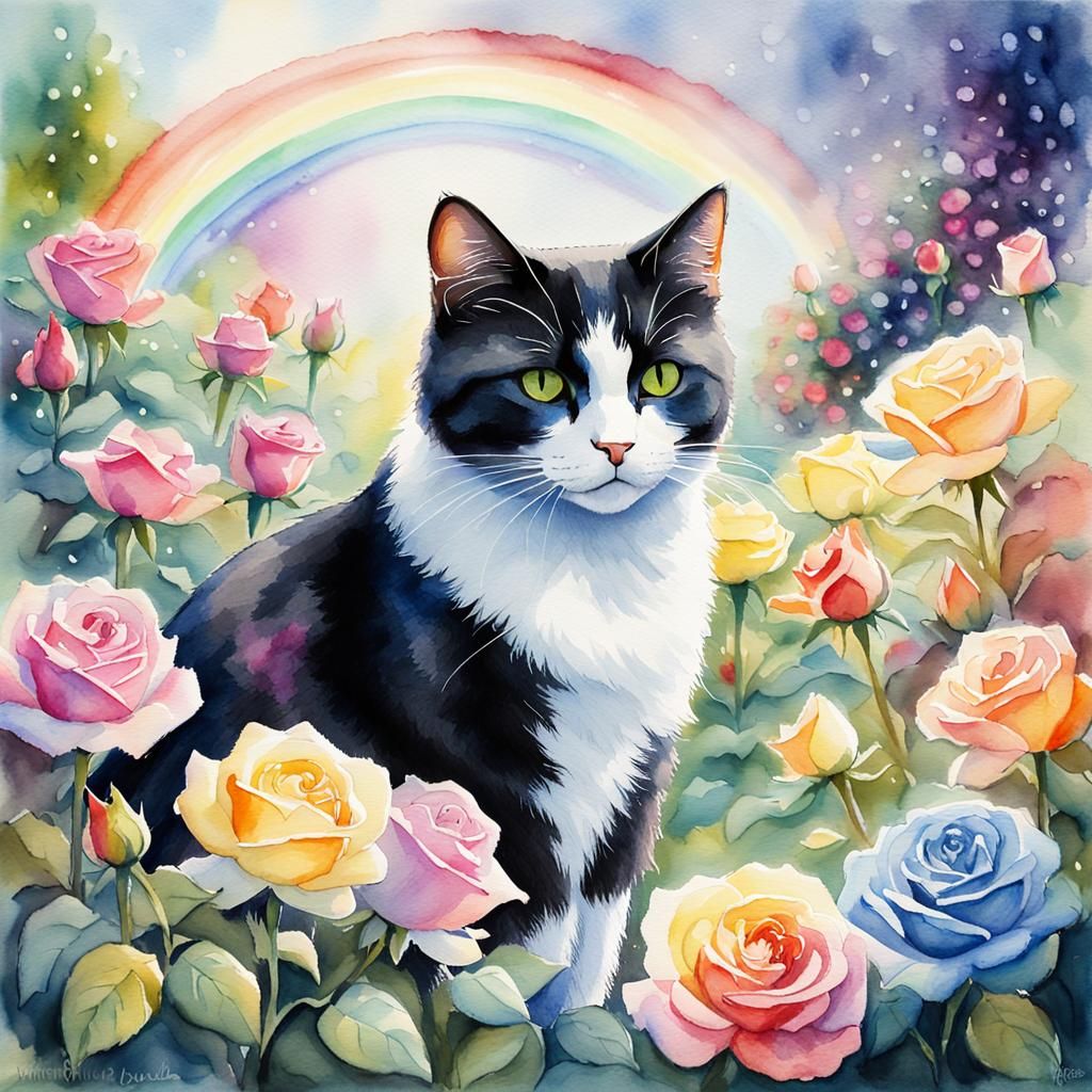 Black and White Cat in Rainbow Rose Garden