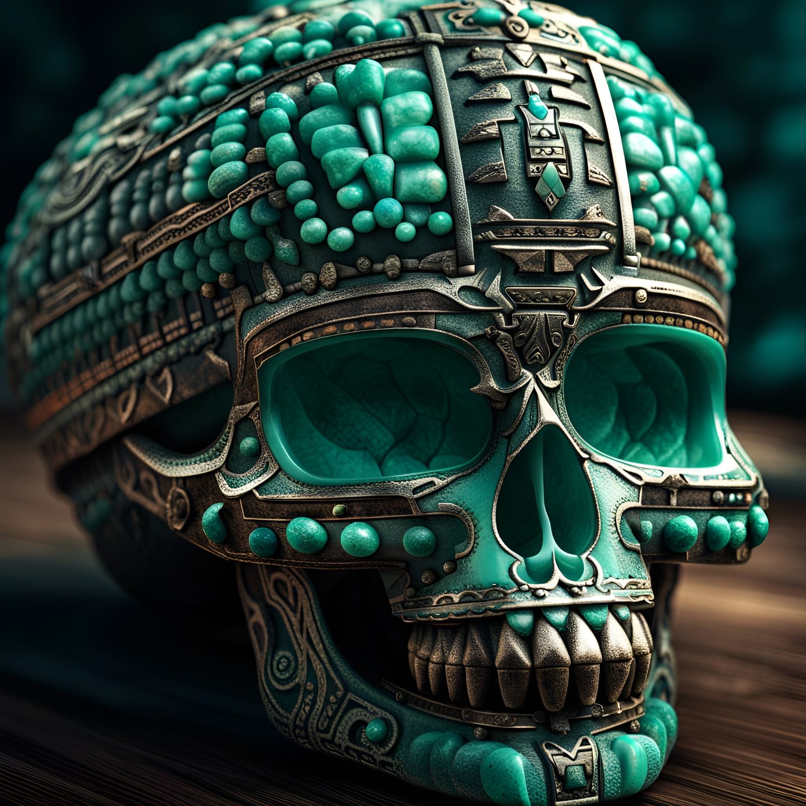 Ornate Aztec Skull with Turquoise and Jade