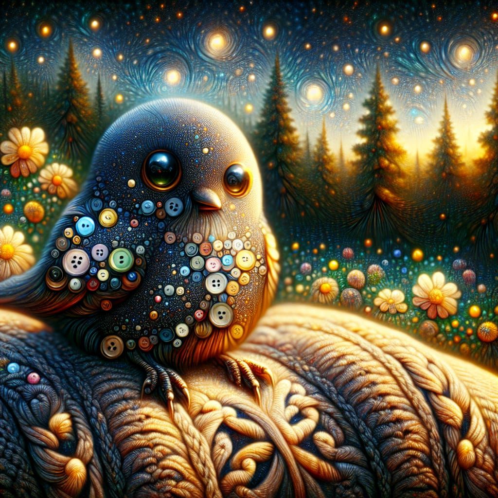 Button Bird on Knitted Blanket: Fantasy Illustration