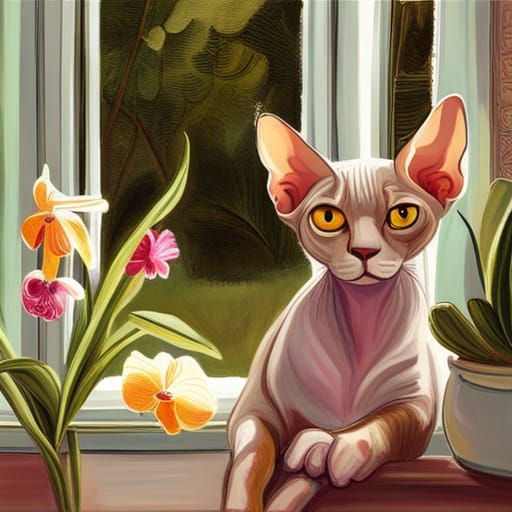 Sphynx Cat Between Orchids in Window