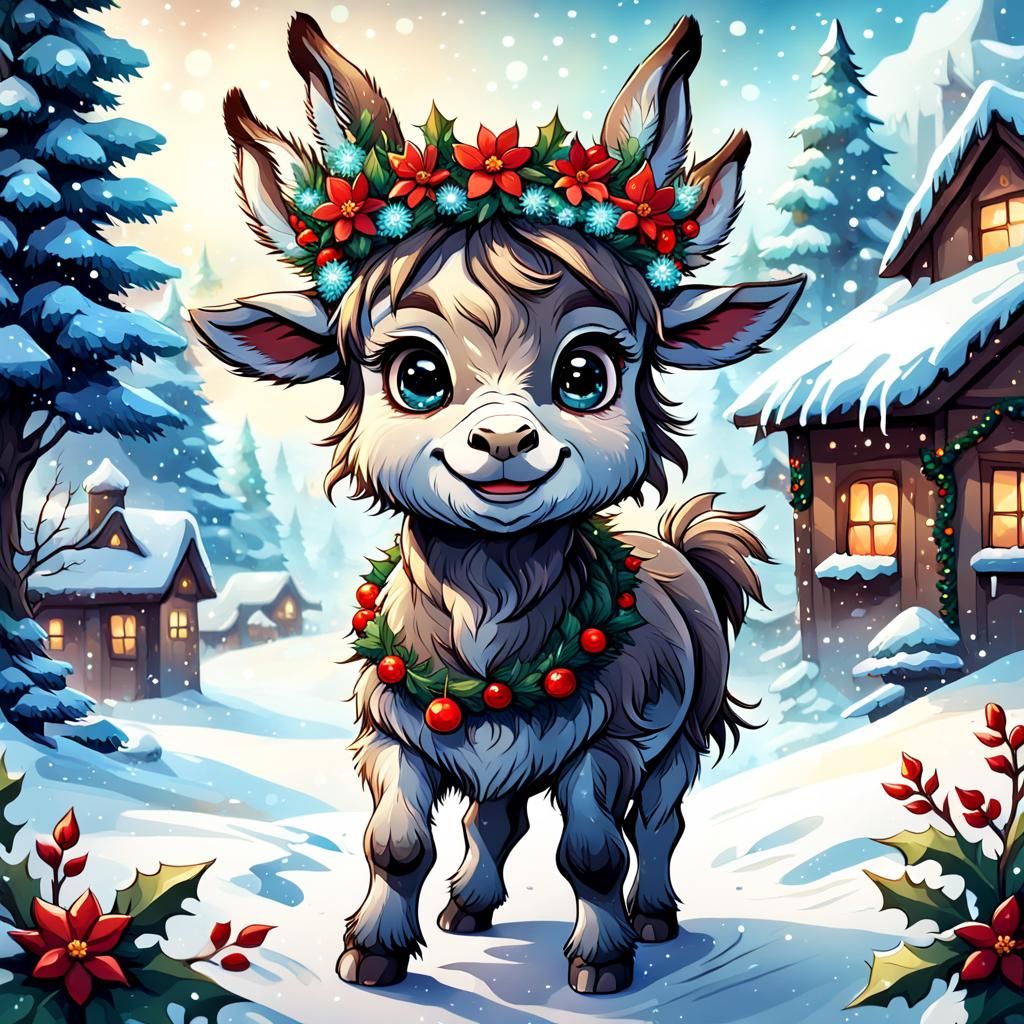 Chibi Donkey in Winter Wonderland, Fantasy Art