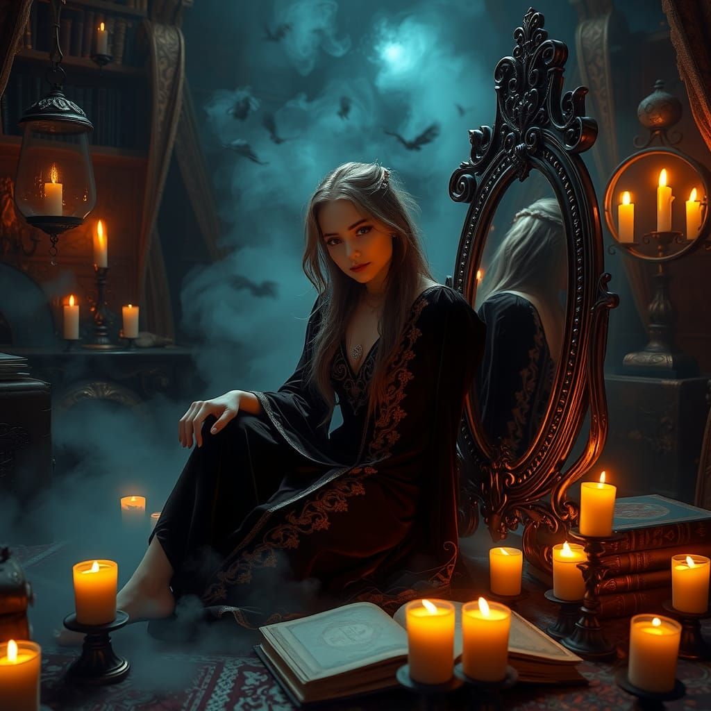Mystical Sorceress Introspection in Ethereal Chamber