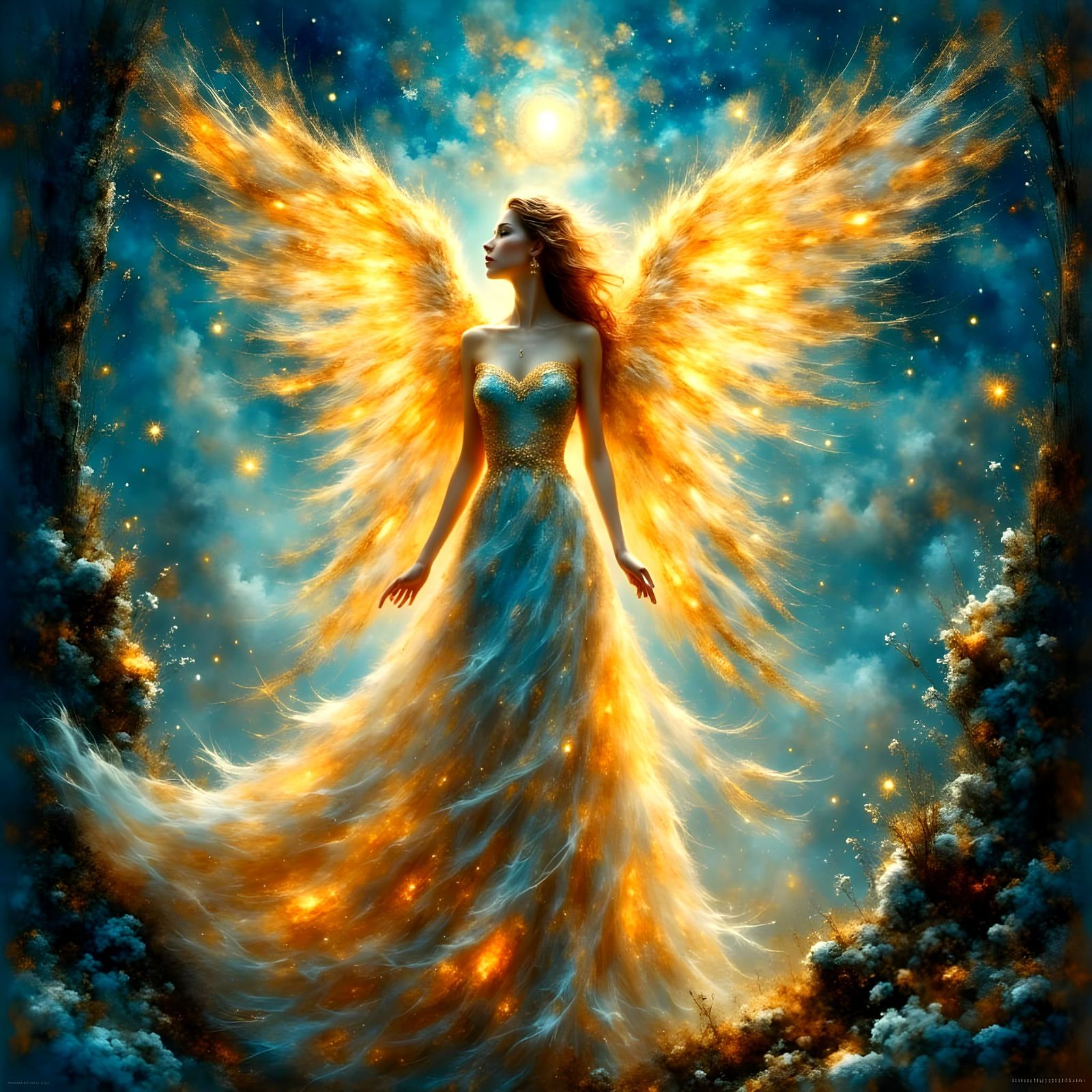 Angel in a Celestial Dreamscape with Cosmic Patterns