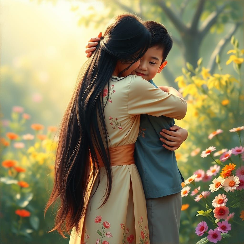 Sisters in Vietnamese Tradition Embracing in a Serene Garden