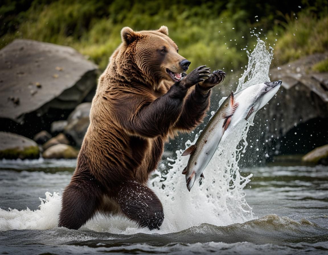 Grizzly Bear Leaping for Salmon: Slow Motion Capture
