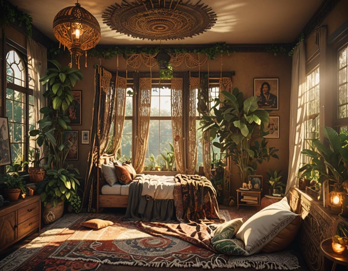 Opulent Boho Bedroom in Golden Light: 3D Render