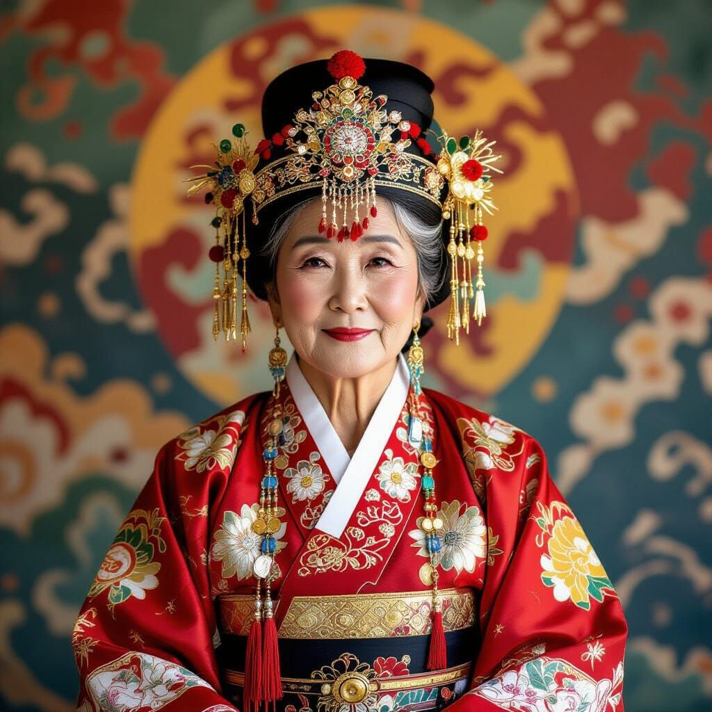 Korean Shaman in Red and Gold Hanbok