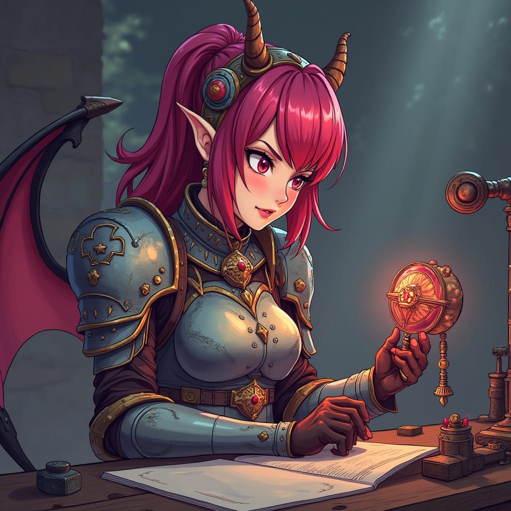 Devilgirl Artificer Inspecting Magic Item, Anime Style