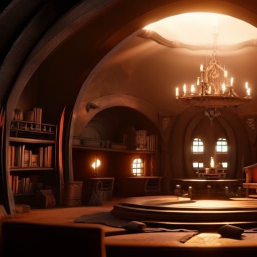 Cozy Hobbit Home Library with Fireplace