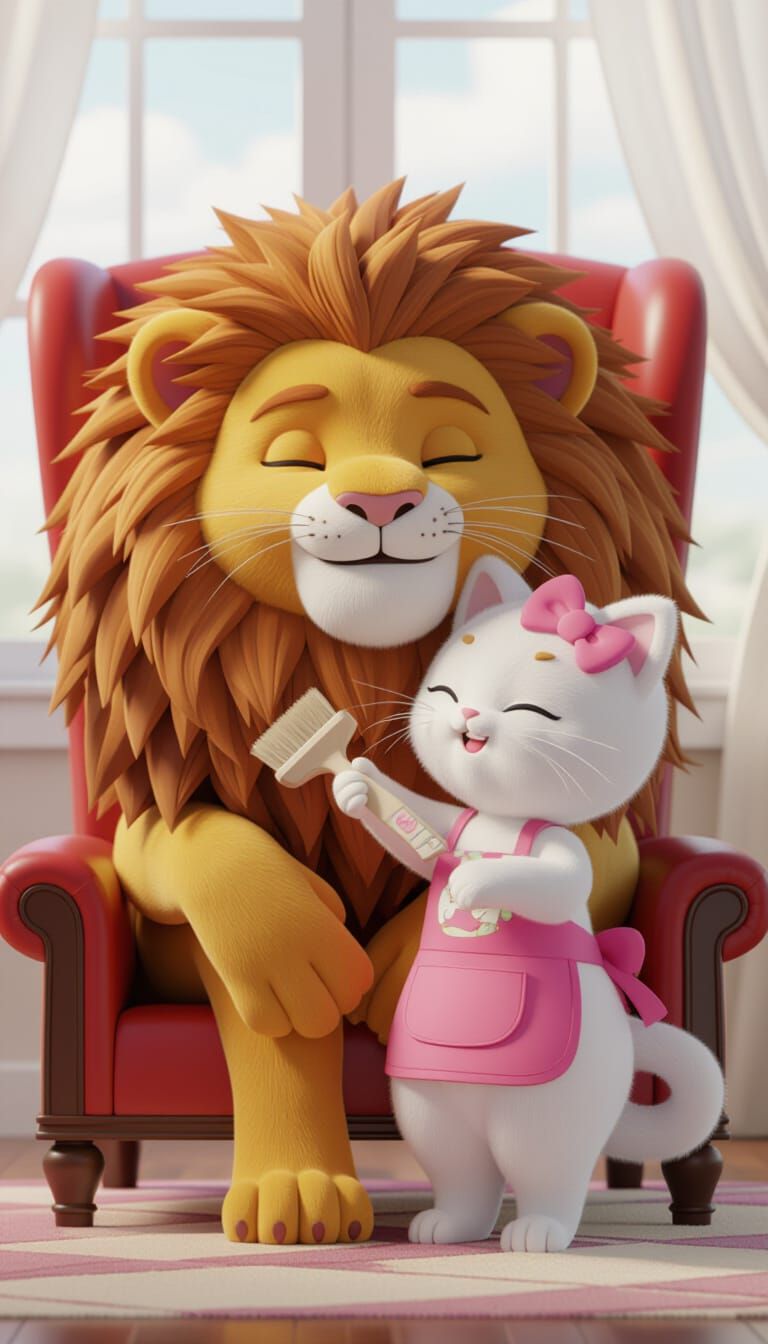 Kitten Brushes Lion's Mane in Relaxing Scene