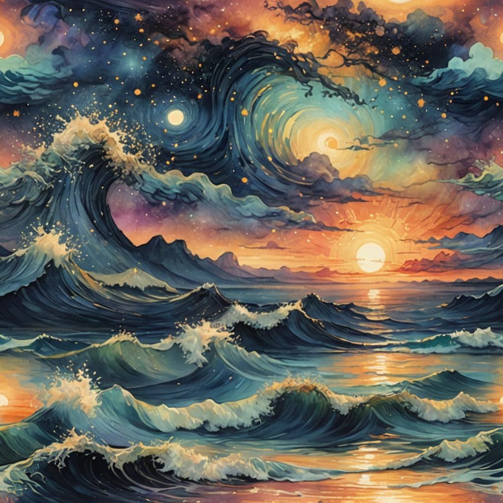 Sunset Ocean with Starry Night in Acid Ink Style