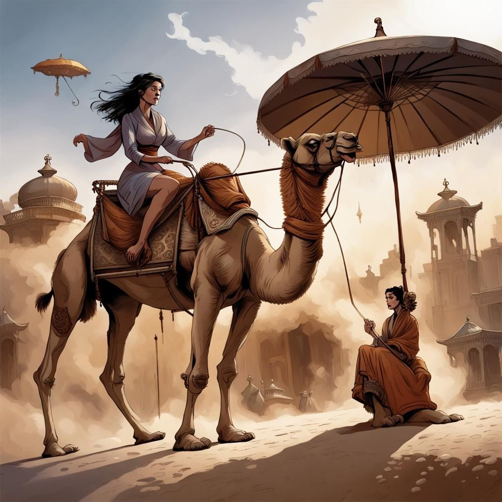 Woman Riding Camel in Carved Carriage, Comic Book Art