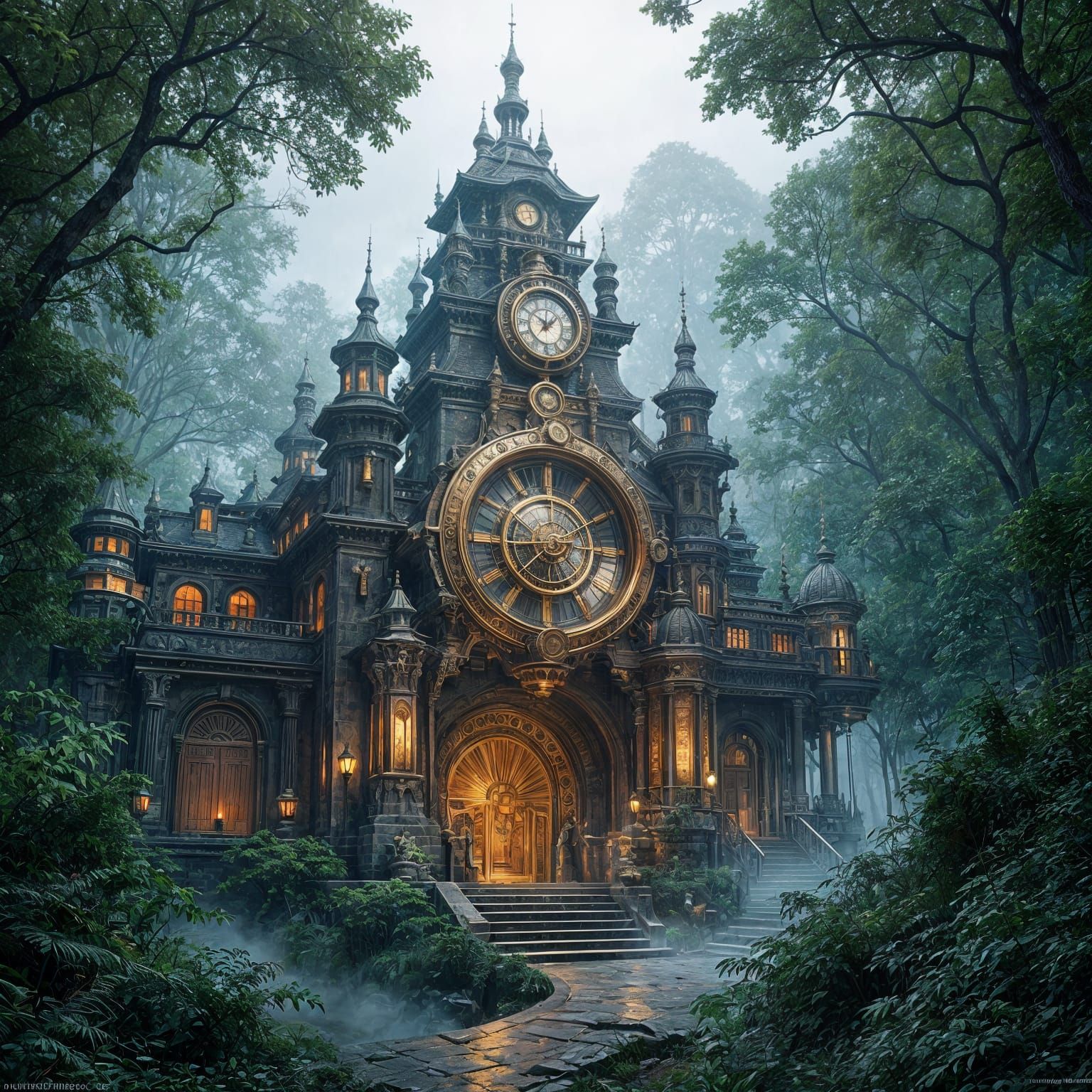 Steampunk Temple in Mystical Forest