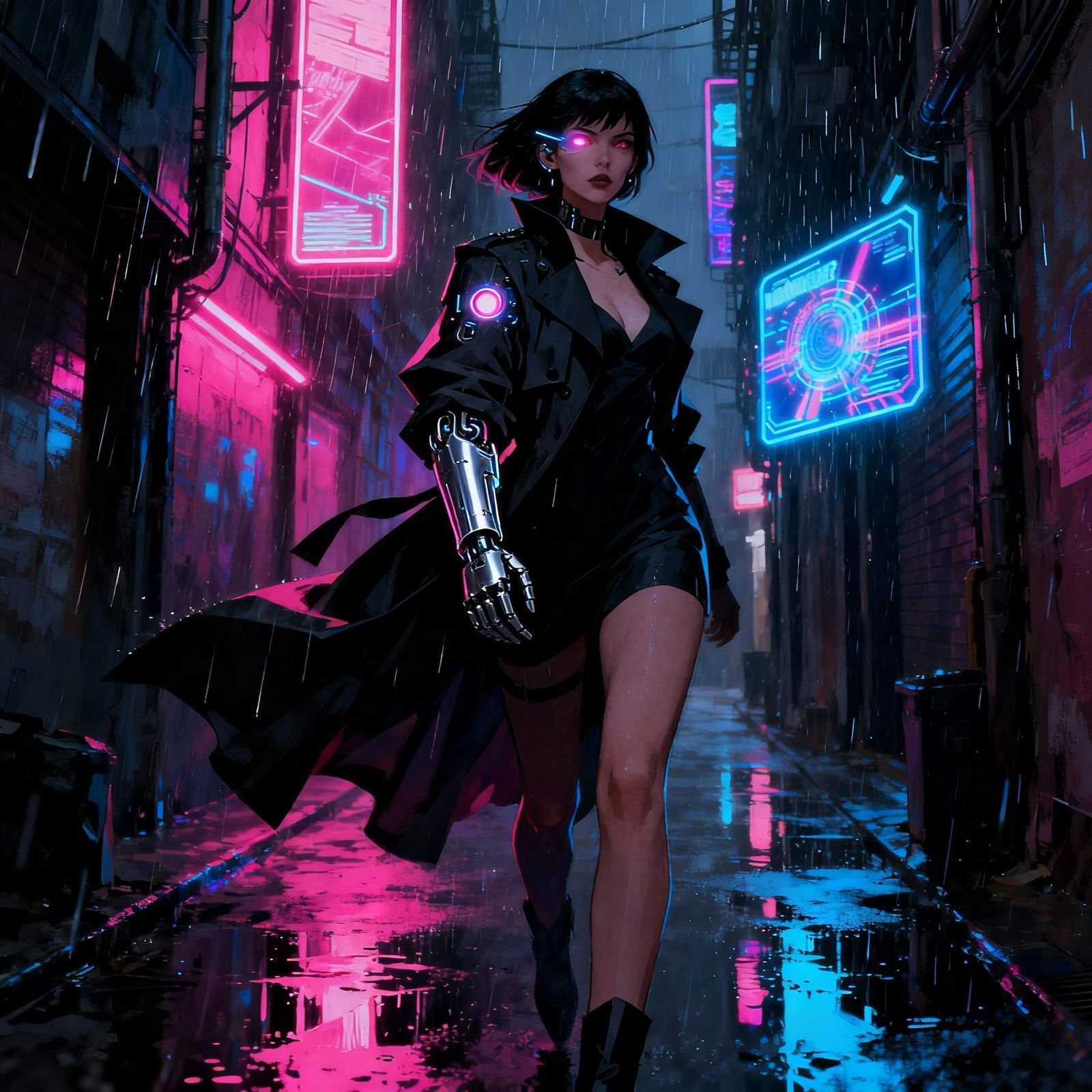 Cyberpunk Femme Fatale in Neon-Lit City Alleys