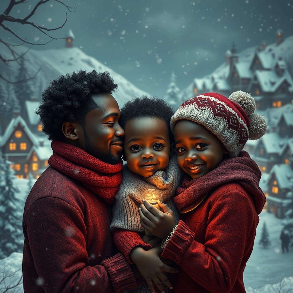 Intimate Ebony Toned Family Christmas Scene in Snowy Village