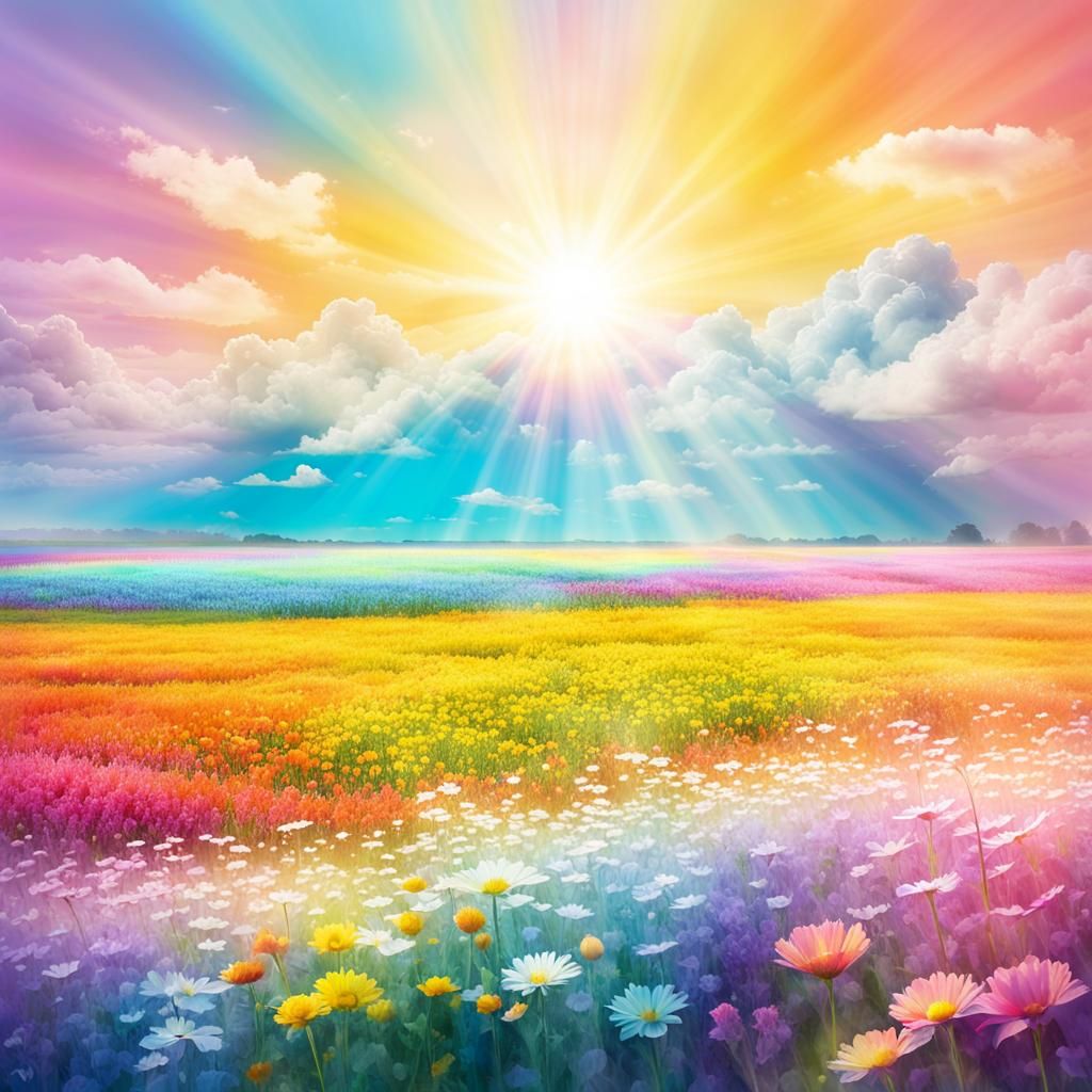 Pastel Rainbow Flower Field in Sunlight