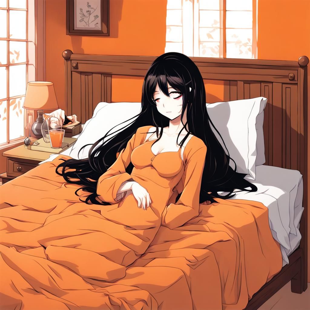 Anime Girl Sleeping in Orange Room Digital Art