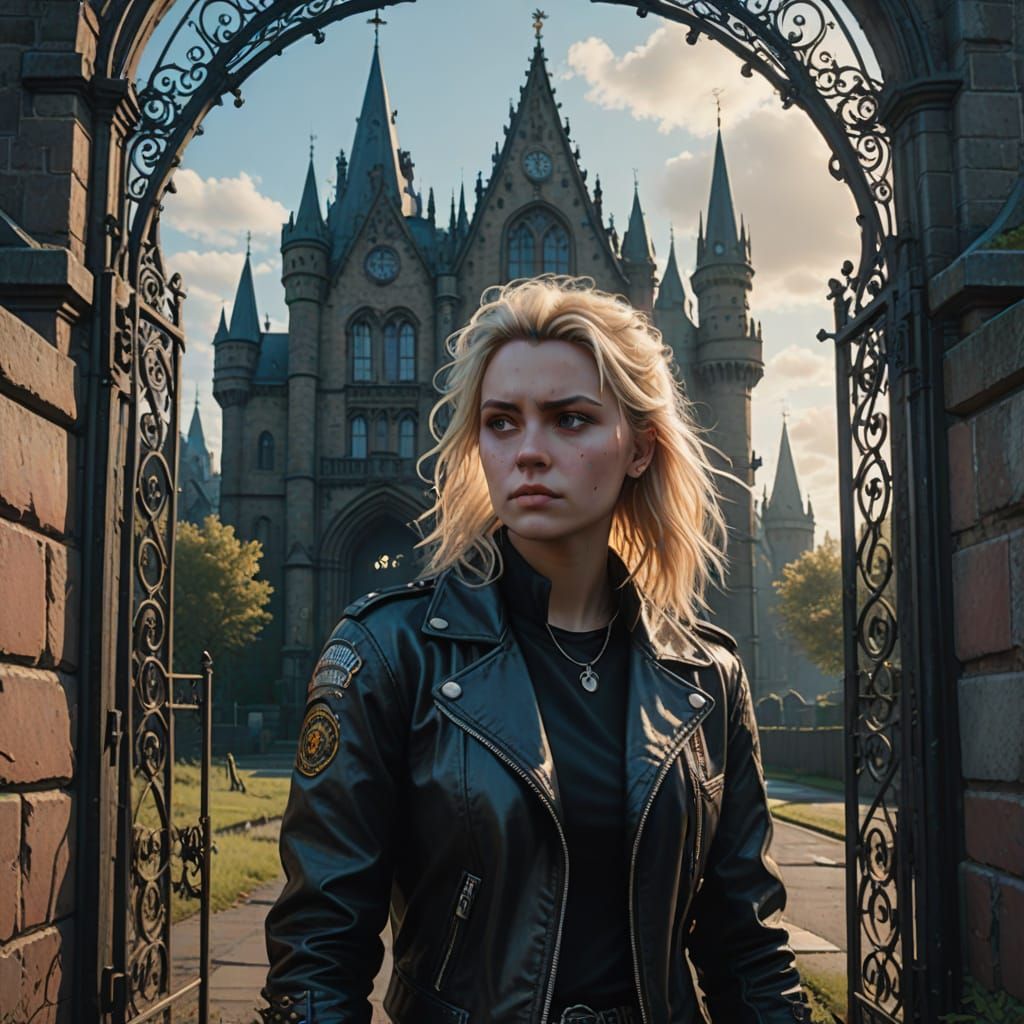 Young Woman Defies College Gates in Cyberpunk Style