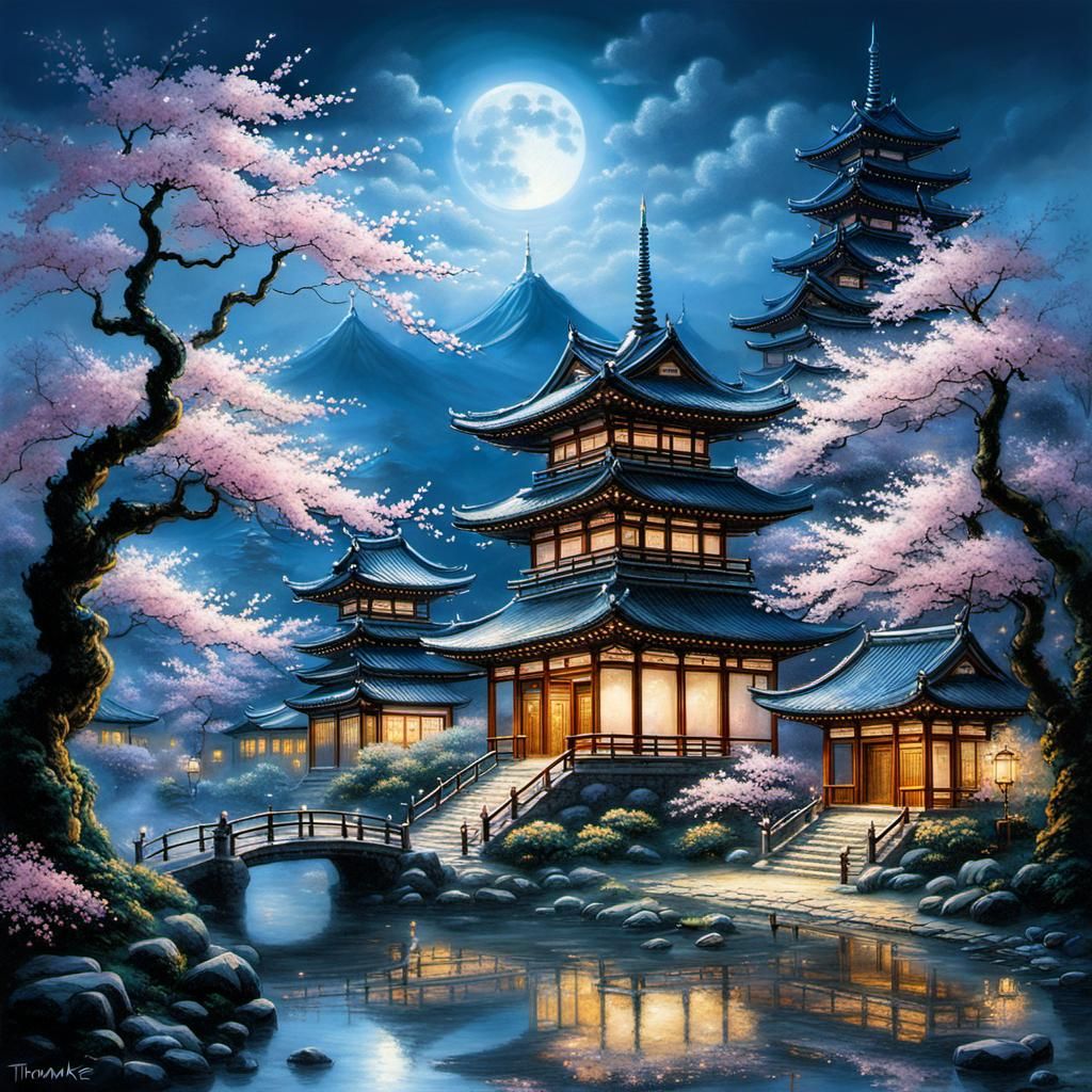 Ethereal Japanese Temple Under Moonlight