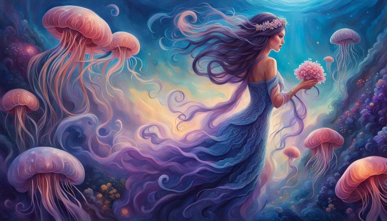 Dancing Jellyfish Girl in Underwater Flower Garden