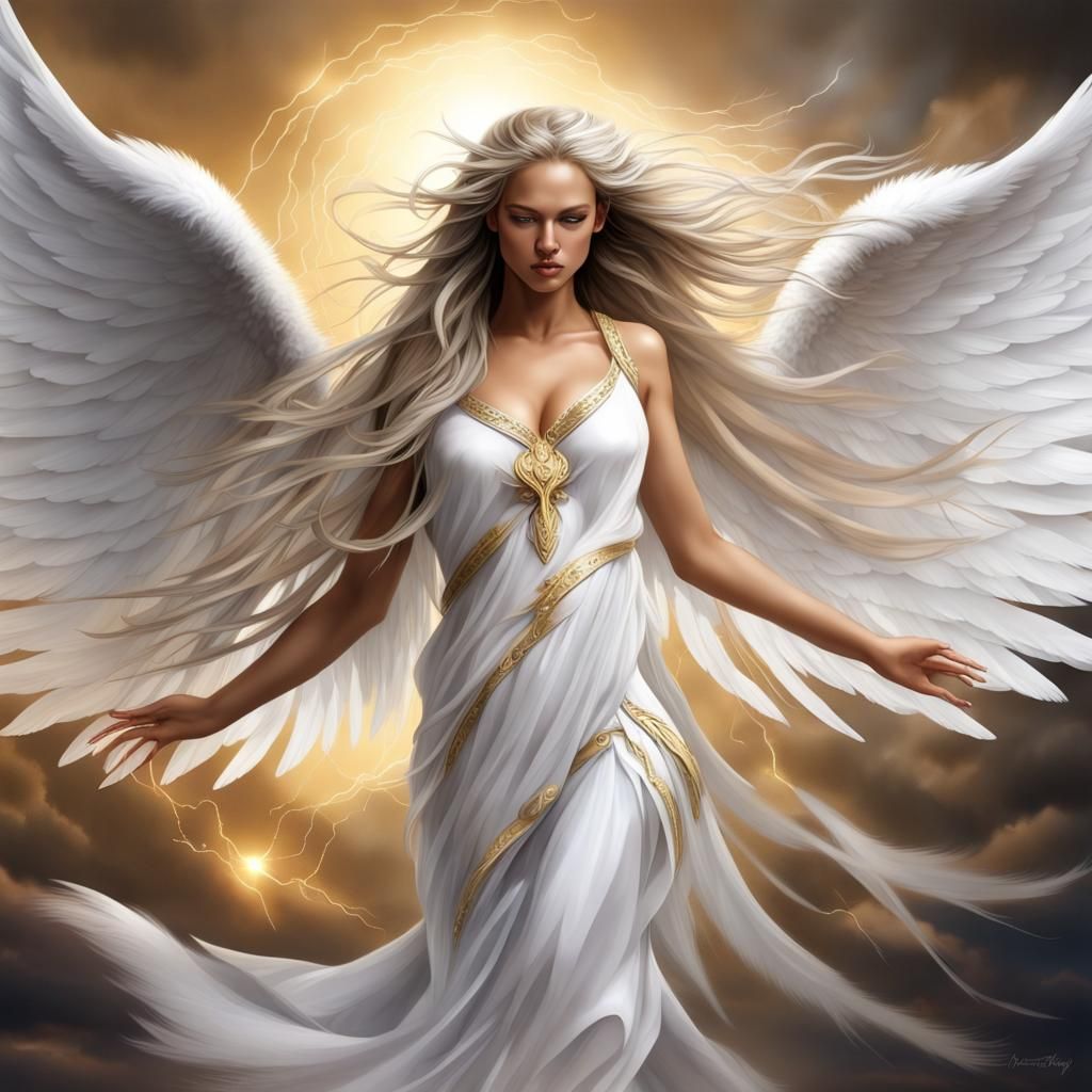 Photorealistic Angel with White Wings and Lightning