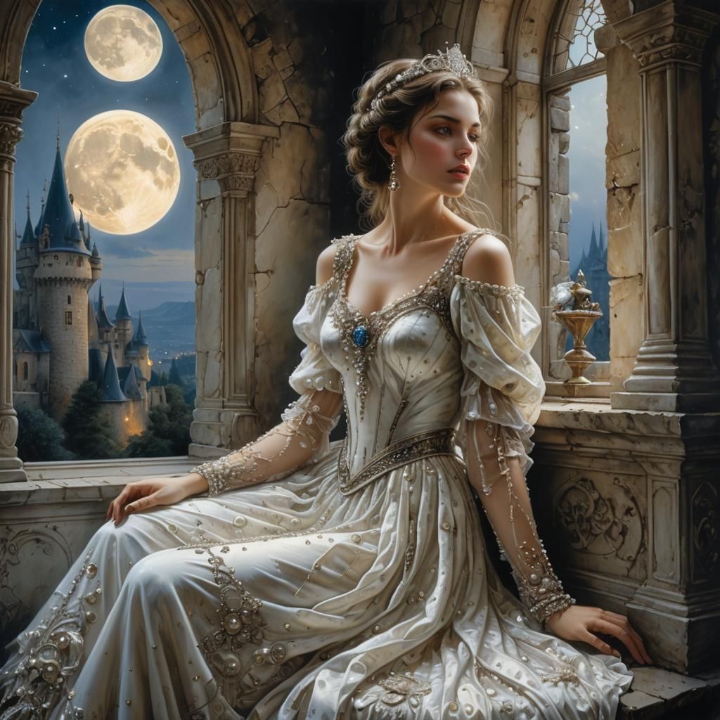 Woman in Ornate Dress Gazing at Moon
