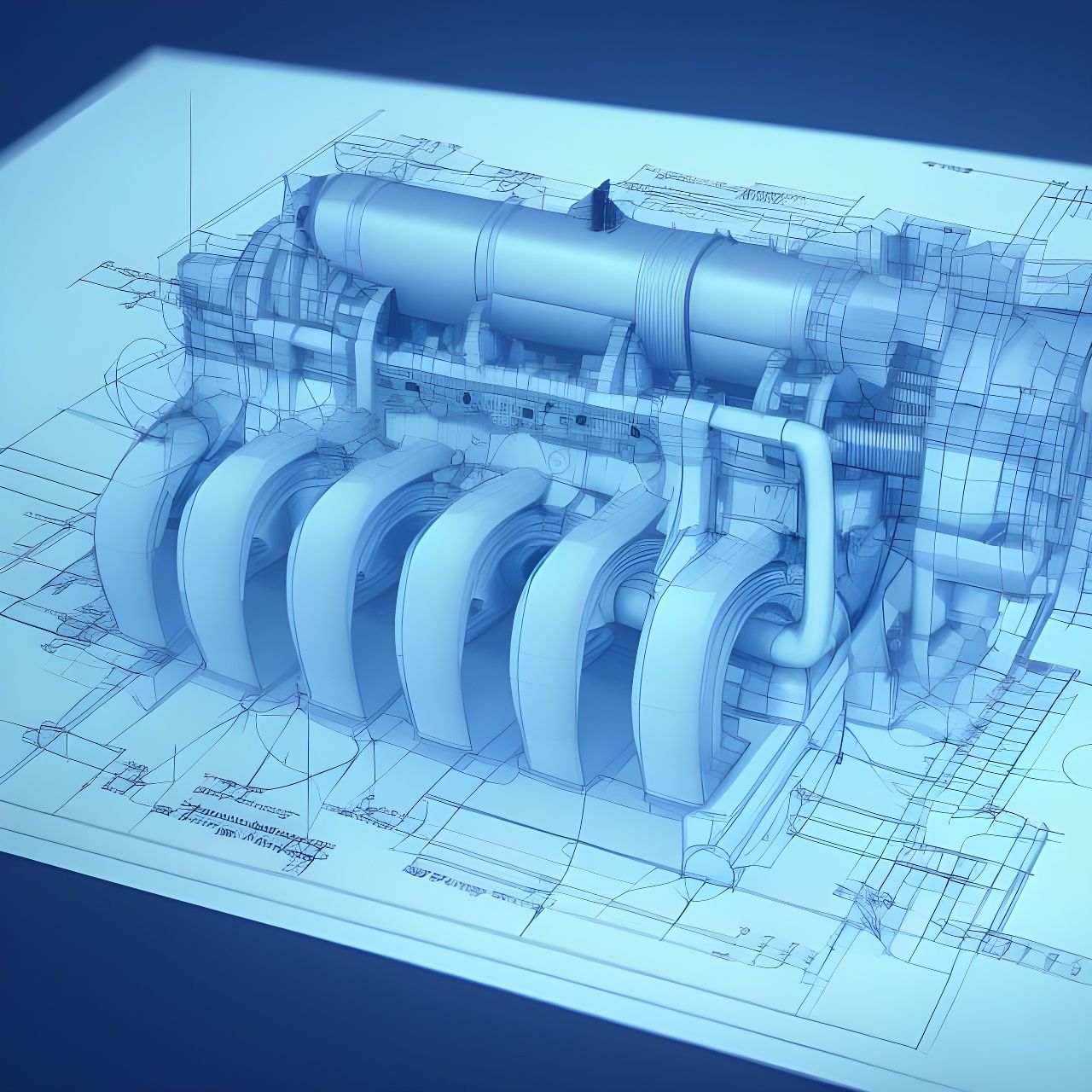 Detailed V8 Engine Blueprint in AutoCAD Style