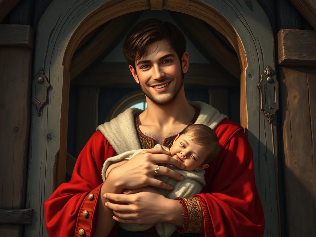 Medieval Knight Holds Adorable Baby in Cozy Cottage