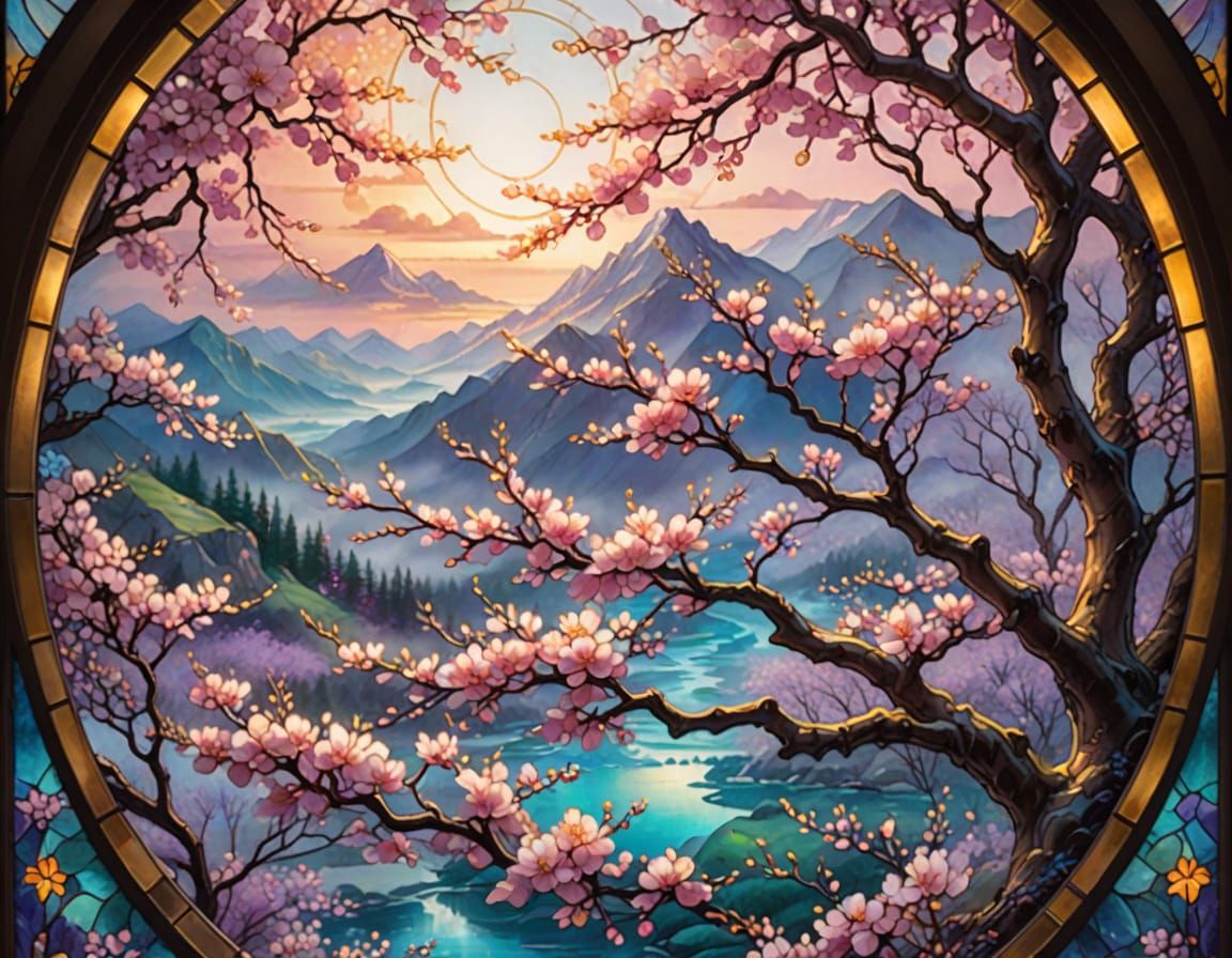 Stained Glass Cherry Blossom Window in Ethereal Fantasy Styl...