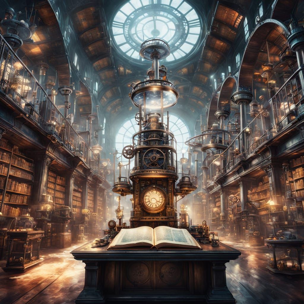 Steampunk Library in the Sky: Watercolor Automatons Reading