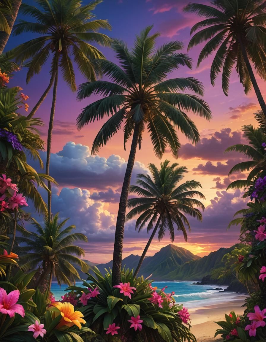 Tropical Beach Coconut Palm in Digital Painting Style